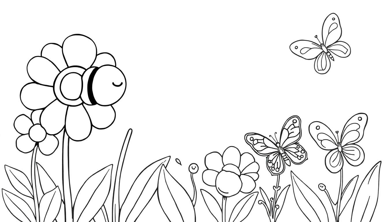 Desenho a preto e branco de um jardim florido com borboletas e uma abelha sorridente numa flor, ideal para colorir.