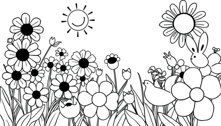 Página para colorir de um jardim de primavera com um sol sorridente, um coelho a espreitar por entre flores, dois pássaros e um gato adorável no canto inferior.