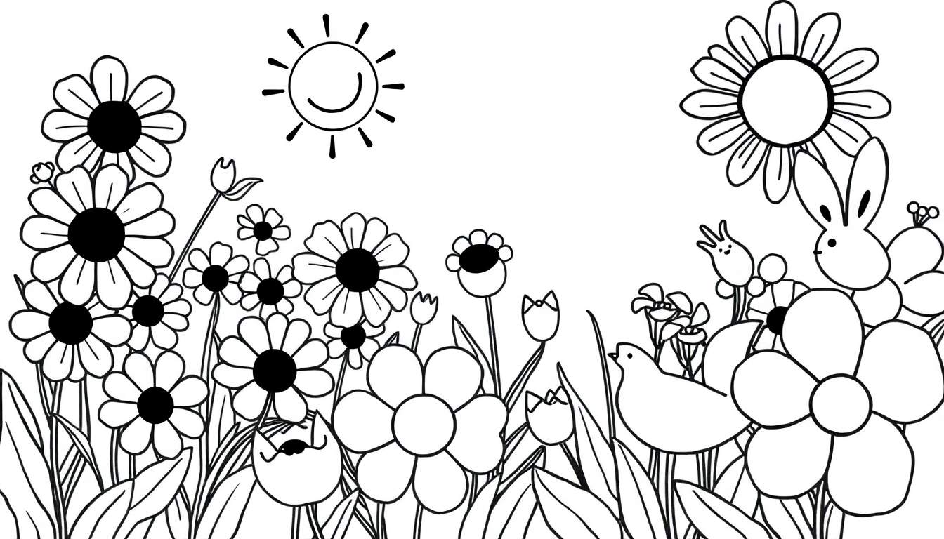 Página para colorir de um jardim de primavera com um sol sorridente, um coelho a espreitar por entre flores, dois pássaros e um gato adorável no canto inferior.