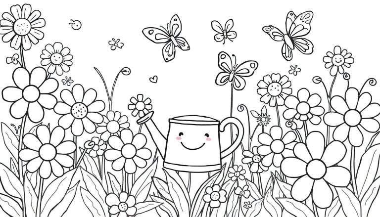 Página para colorir de um jardim florido com um regador sorridente e borboletas.