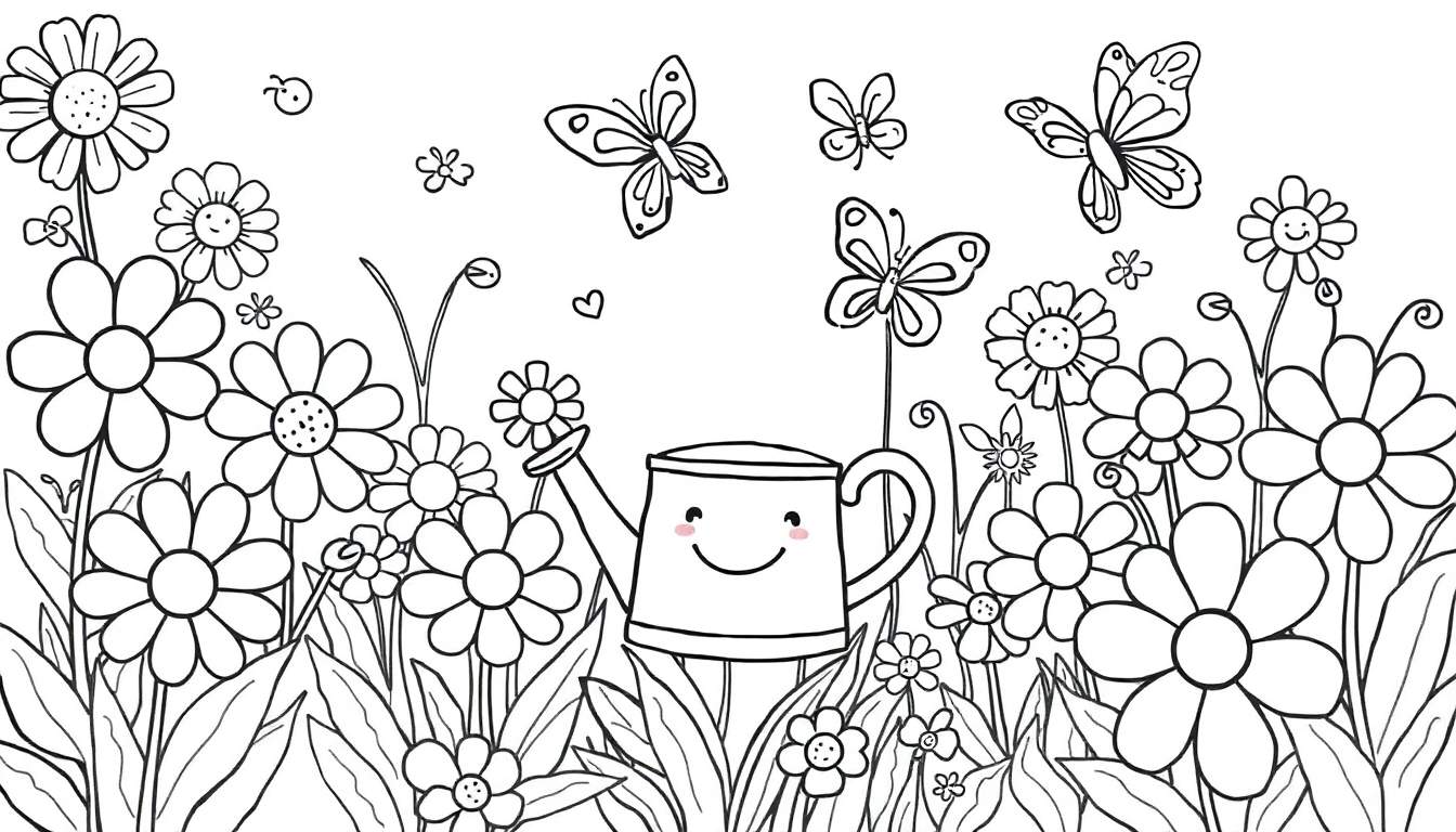 Página para colorir de um jardim florido com um regador sorridente e borboletas.
