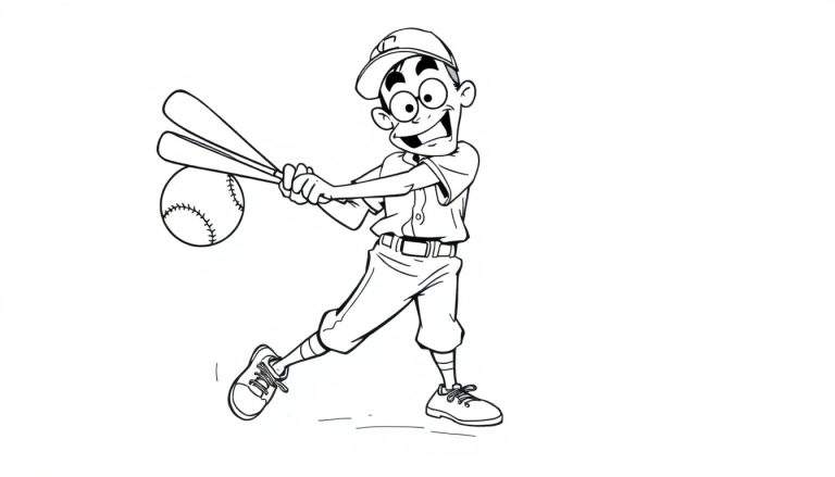 Página para colorir de um rapazinho a balançar um taco de basebol com uma bola perto.