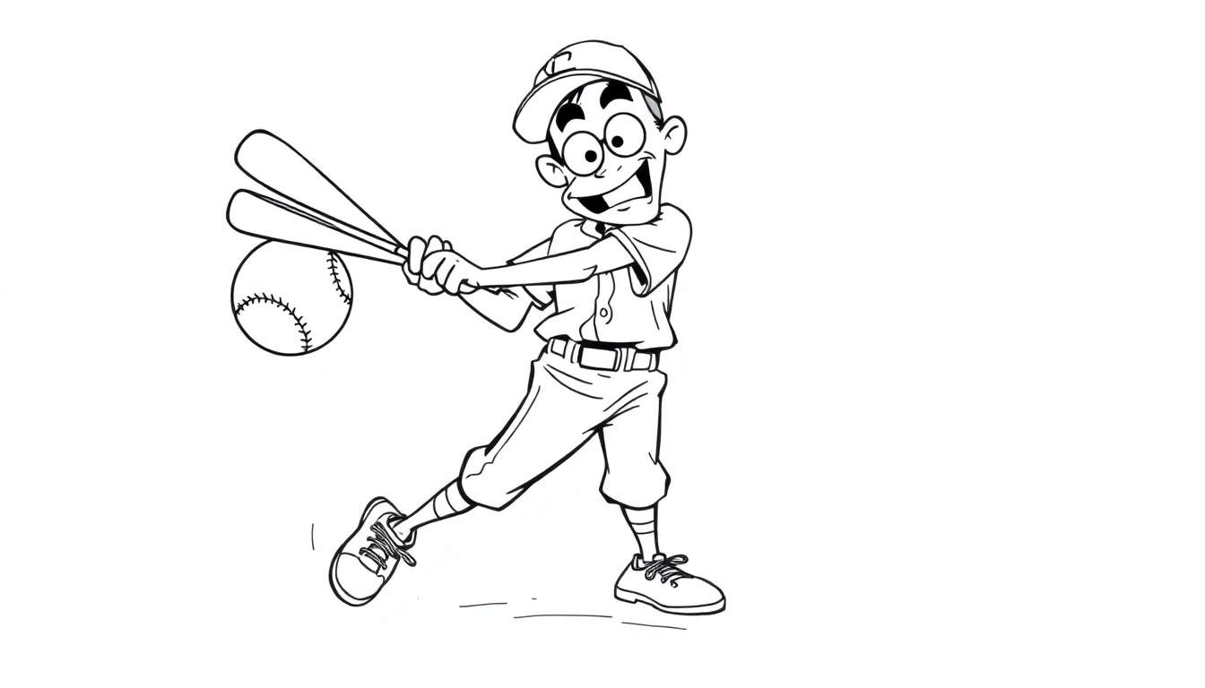 Página para colorir de um rapazinho a balançar um taco de basebol com uma bola perto.