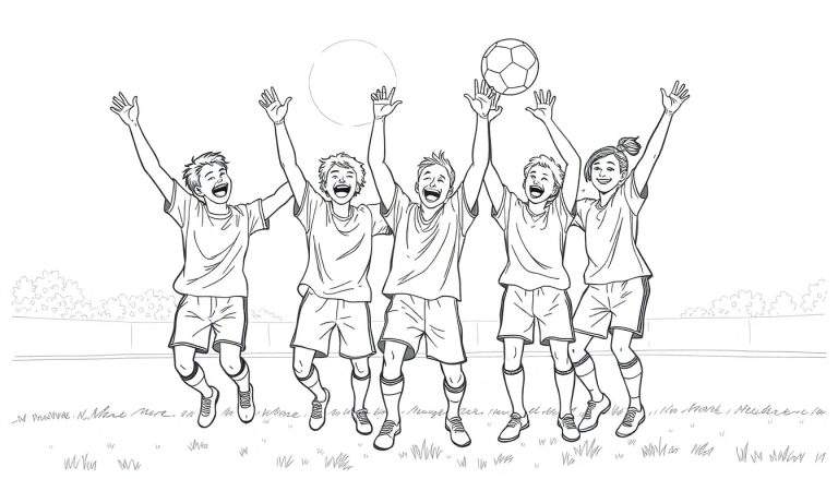 Página para colorir de jovens jogadores de futebol a celebrar uma vitória, com um a saltar e outro a segurar uma bola.
