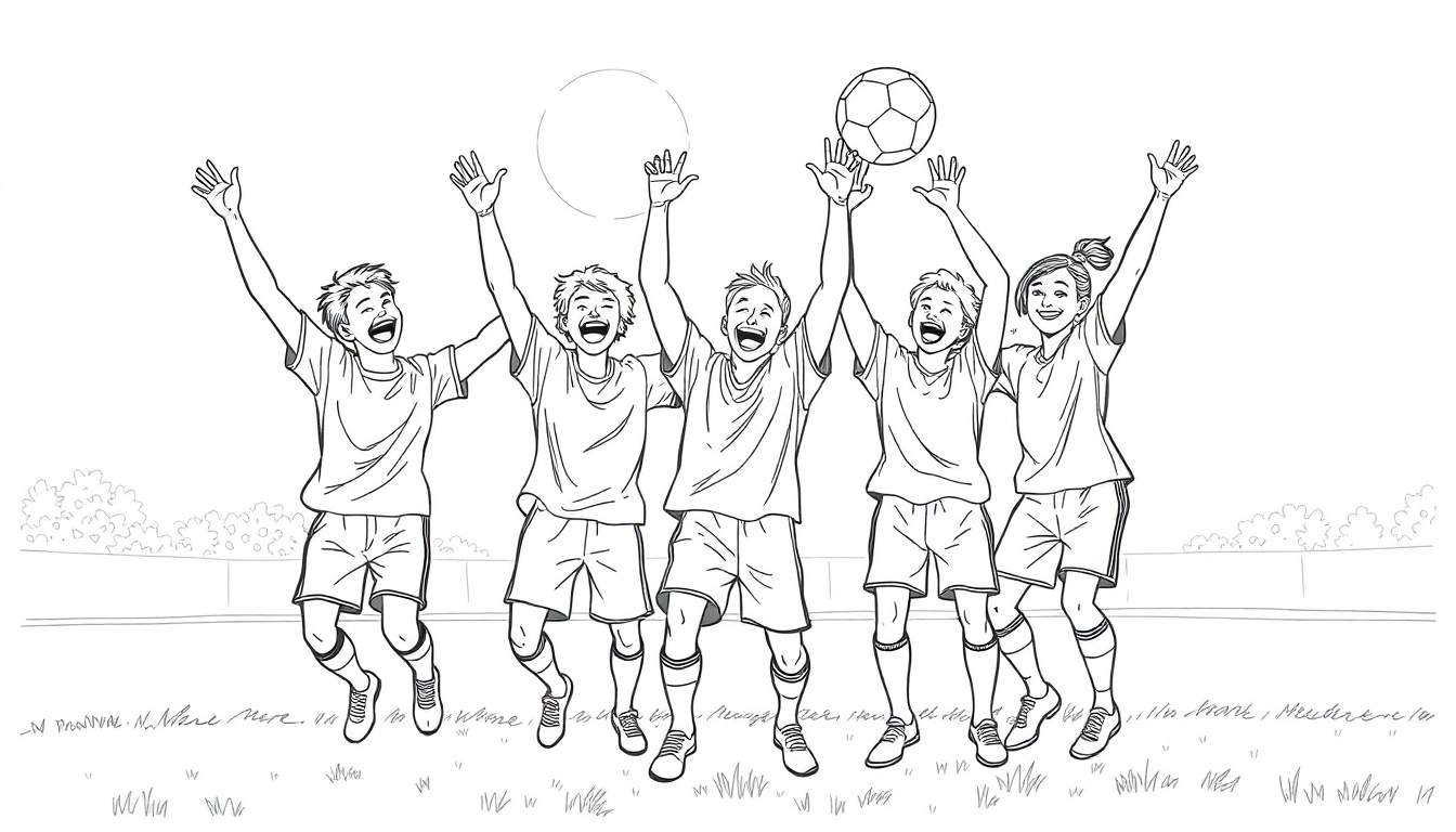 Página para colorir de jovens jogadores de futebol a celebrar uma vitória, com um a saltar e outro a segurar uma bola.