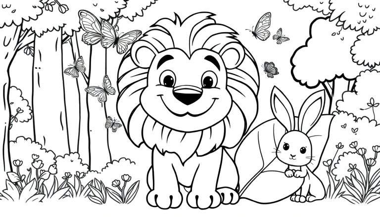 Página para colorir com um leão sorridente e um coelho adorável rodeados por elementos da natureza.