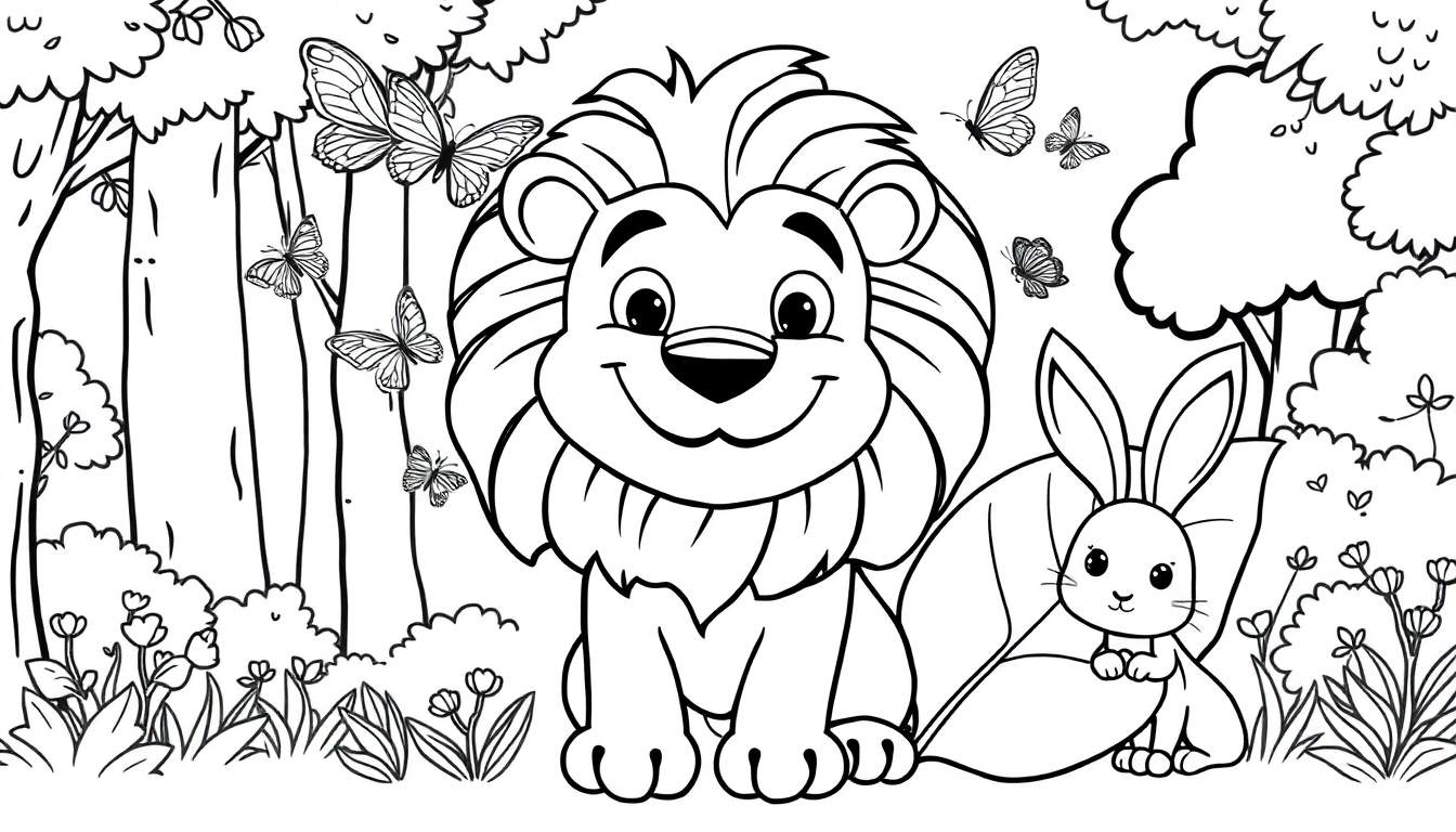 Página para colorir com um leão sorridente e um coelho adorável rodeados por elementos da natureza.