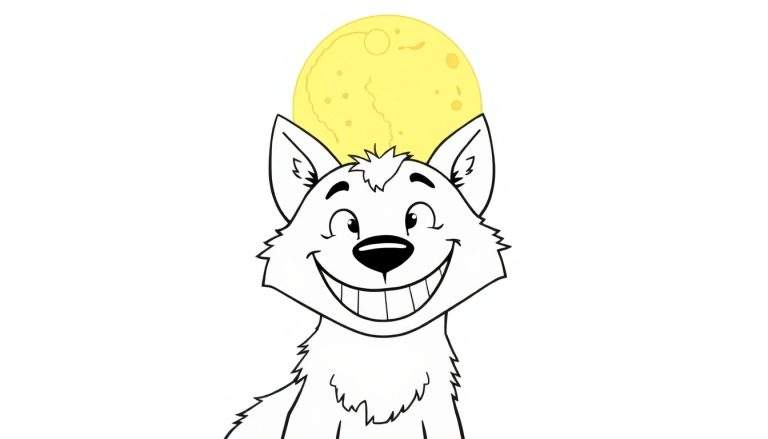 Desenho para colorir de um lobo branco sorridente com orelhas grandes e uma grande lua amarela por cima, com fundo branco.