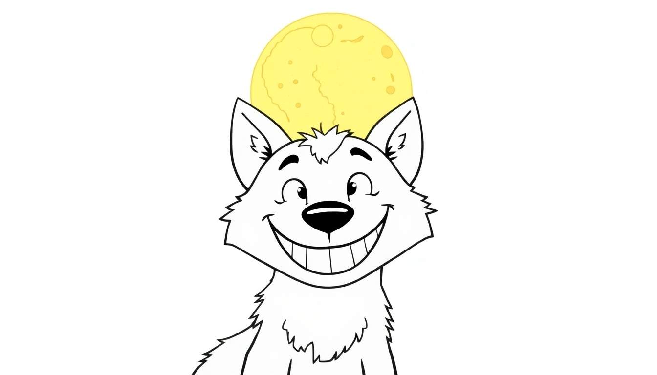 Desenho para colorir de um lobo branco sorridente com orelhas grandes e uma grande lua amarela por cima, com fundo branco.
