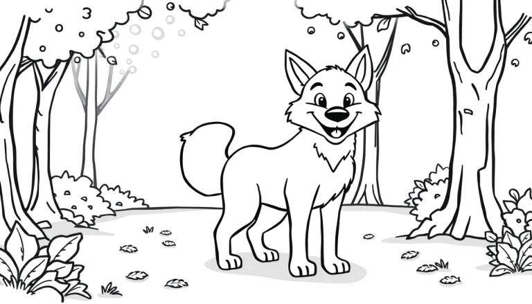 Desenho a preto e branco de um lobo feliz com a língua de fora, de pé numa floresta rodeado de árvores.