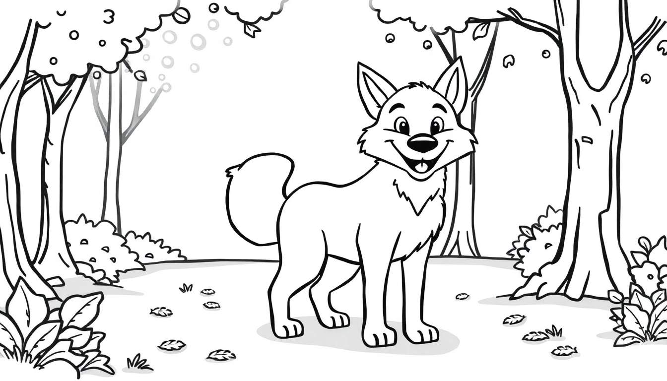 Desenho a preto e branco de um lobo feliz com a língua de fora, de pé numa floresta rodeado de árvores.