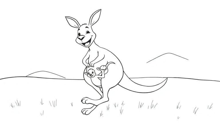 Página para colorir de uma mãe canguru com um filhote sorrindo em sua bolsa, com um fundo de colinas e grama.