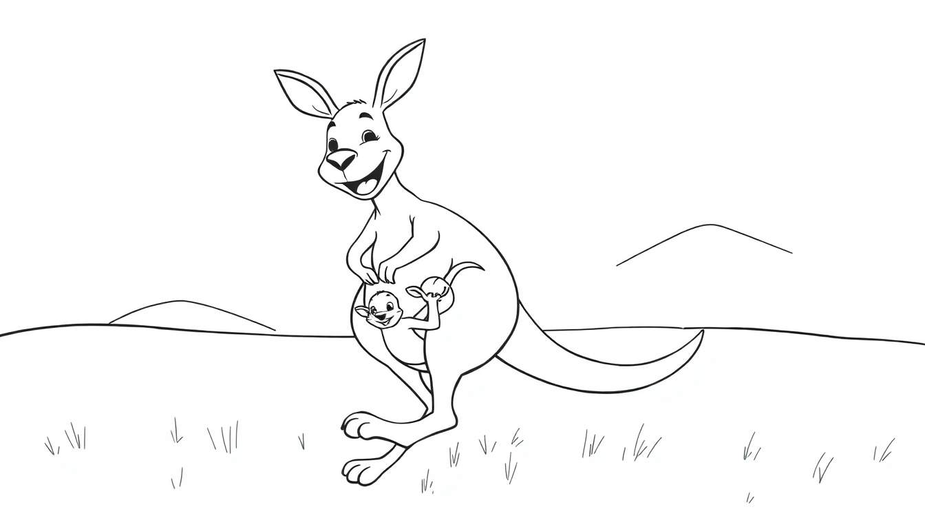 Página para colorir de uma mãe canguru com um filhote sorrindo em sua bolsa, com um fundo de colinas e grama.