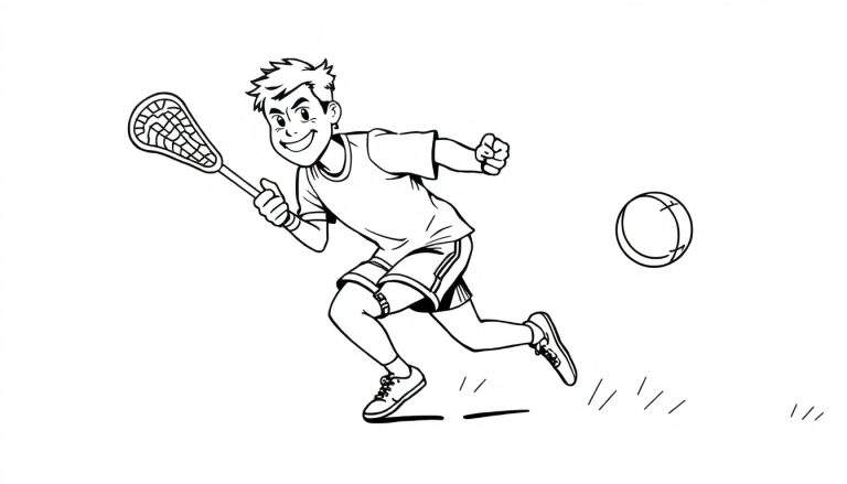 Desenho em preto e branco para colorir de um menino correndo e jogando lacrosse com um bastão e uma bola no ar.