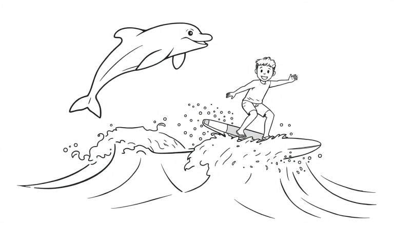 Página para colorir de um menino surfando numa onda com um golfinho saltando por perto e bolhas de água.