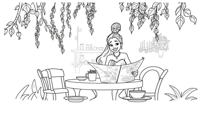 Página para colorir de uma mulher sentada a uma mesa de jardim a ler um jornal, rodeada de plantas e trepadeiras.