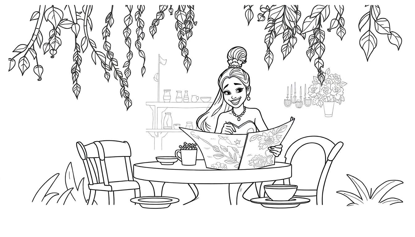 Página para colorir de uma mulher sentada a uma mesa de jardim a ler um jornal, rodeada de plantas e trepadeiras.