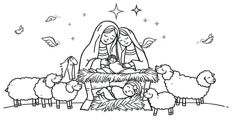 Página para colorir da Natividade com Maria, José, o bebé Jesus, ovelhas com asas de anjo, estrelas e aves.