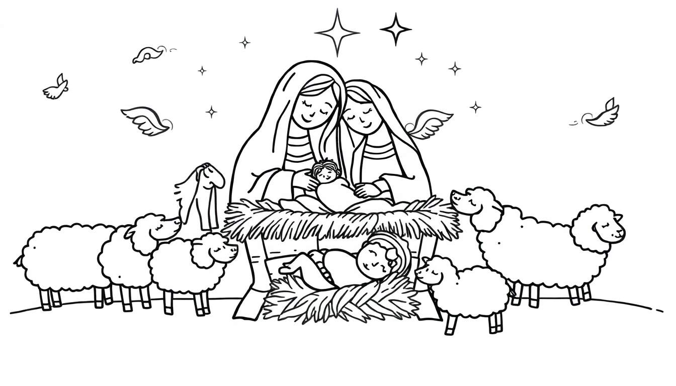 Página para colorir da Natividade com Maria, José, o bebé Jesus, ovelhas com asas de anjo, estrelas e aves.