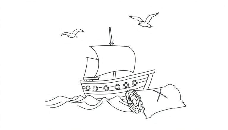 Página para colorir de um navio à vela pirata com mapa do tesouro.