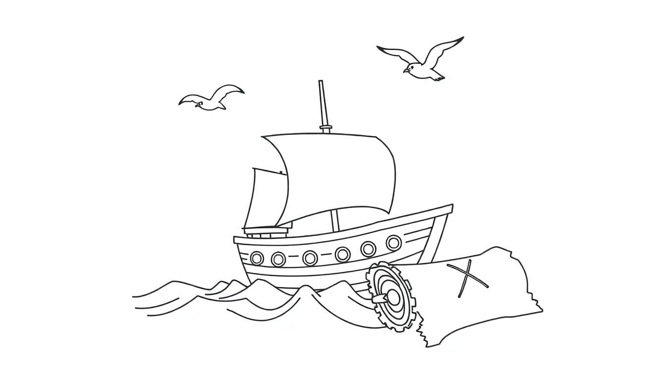 Página para colorir de um navio à vela pirata com mapa do tesouro.