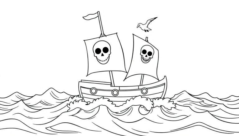 Página para colorir de um navio pirata em ondas altas, com uma gaivota no céu. As velas mostram caveiras.