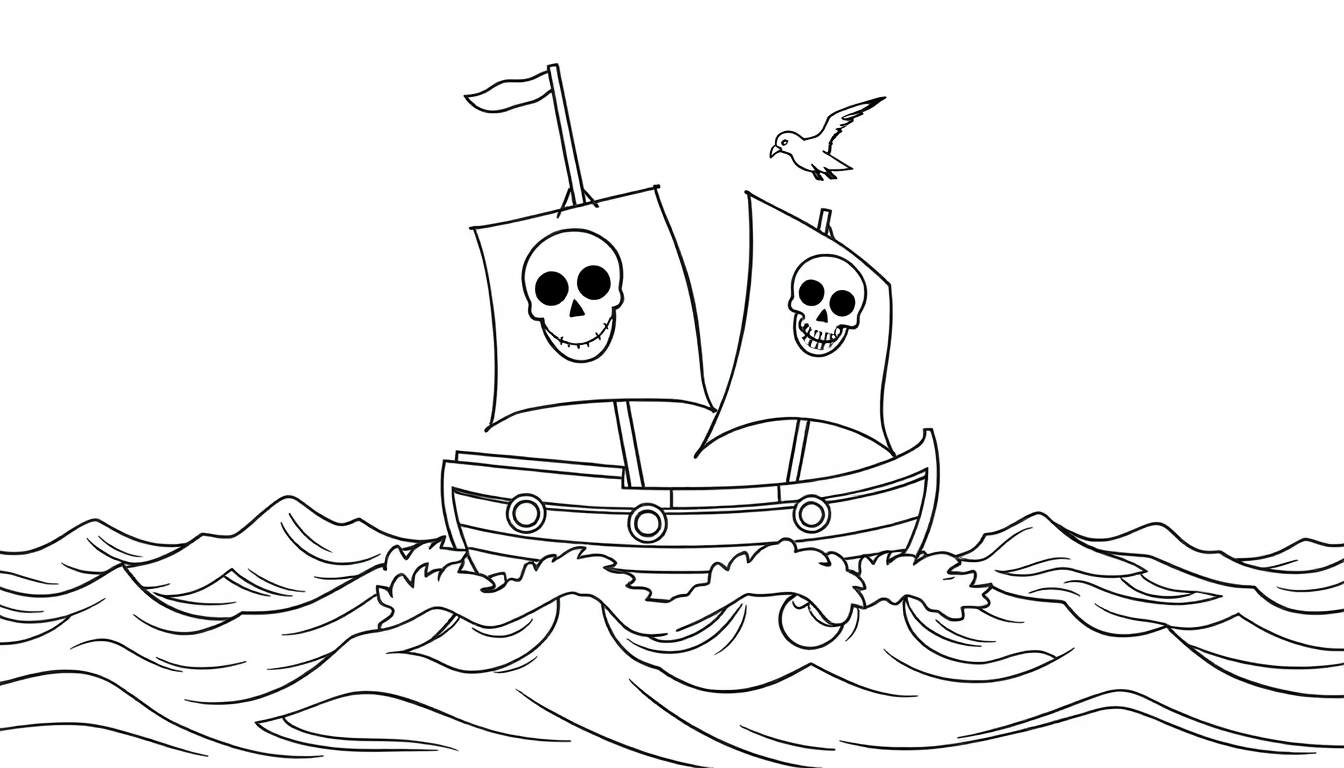 Página para colorir de um navio pirata em ondas altas, com uma gaivota no céu. As velas mostram caveiras.