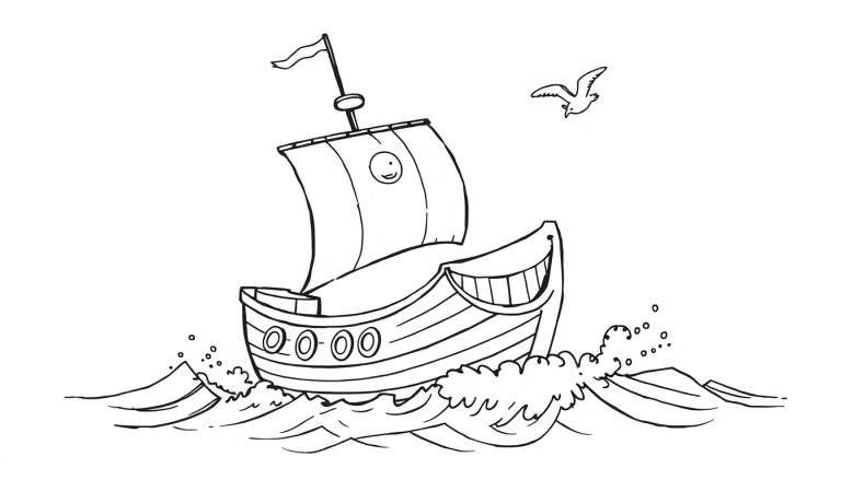 Página para colorir de um navio com um rosto sorridente em sua vela, navegando em ondas, com um pássaro e uma bandeira no céu.