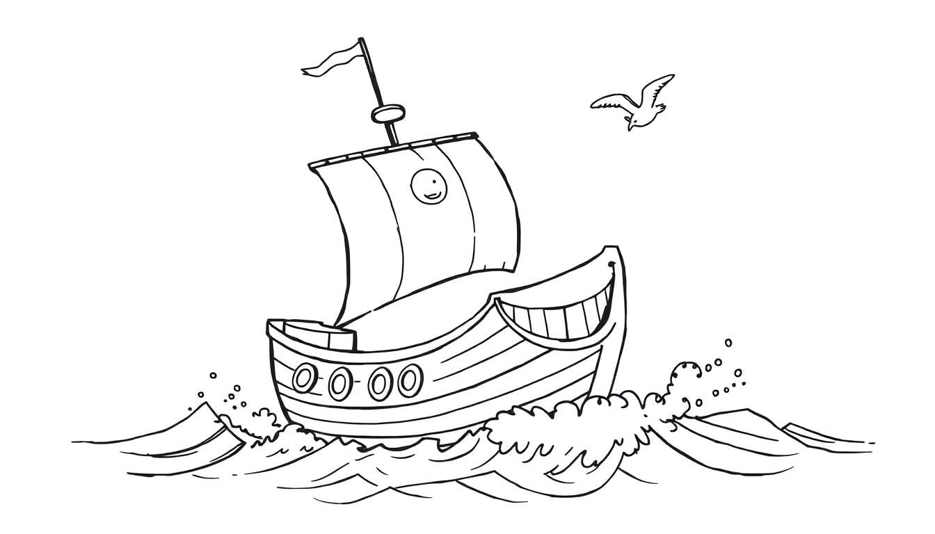 Página para colorir de um navio com um rosto sorridente em sua vela, navegando em ondas, com um pássaro e uma bandeira no céu.