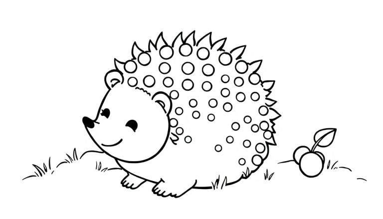 Página para colorir com um ouriço fofo de perfil, voltado para a esquerda, com um sorriso e pequenos pontos nas costas. Há frutas vermelhas com uma folha ao lado. O fundo é branco e o desenho é em linha preta.