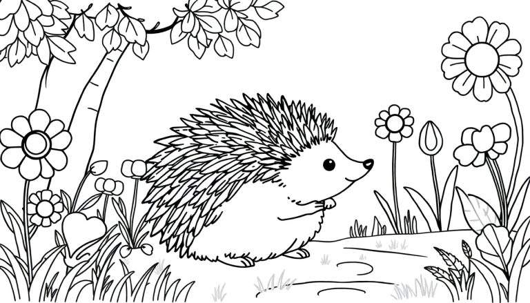 Página para colorir em preto e branco de um ouriço de perfil, com espinhos nas costas, posicionado em um tronco de árvore ou pedra, rodeado por flores, folhas e grama. Desenho estilo coloring page para crianças.