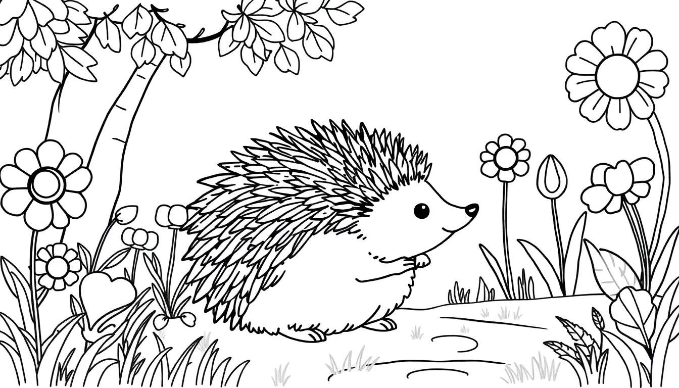 Página para colorir em preto e branco de um ouriço de perfil, com espinhos nas costas, posicionado em um tronco de árvore ou pedra, rodeado por flores, folhas e grama. Desenho estilo coloring page para crianças.