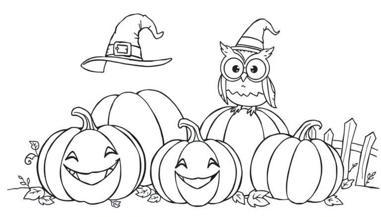 Página para colorir de outono com abóboras, um corujão de chapéu de bruxa e folhas caindo.