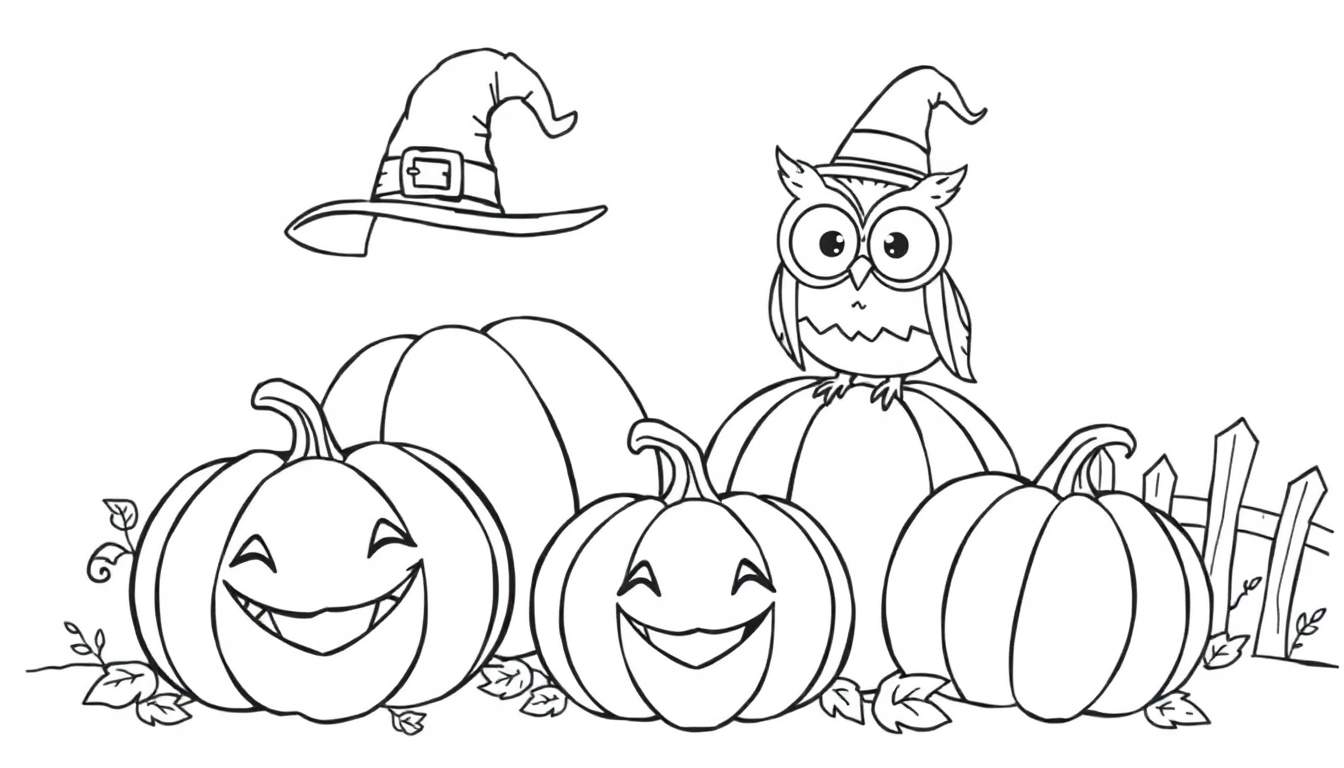 Página para colorir de outono com abóboras, um corujão de chapéu de bruxa e folhas caindo.