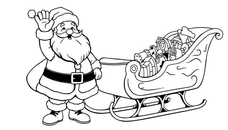Página para colorir do Pai Natal acenando com a mão, com um trenó cheio de presentes de Natal ao seu lado.