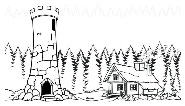 Desenho em preto e branco para colorir de uma paisagem com uma torre de pedra com ameias à esquerda e uma cabana com chaminé fumegante à direita, rodeadas por uma floresta de pinheiros ao fundo. Ideal para crianças e atividades de arte.
