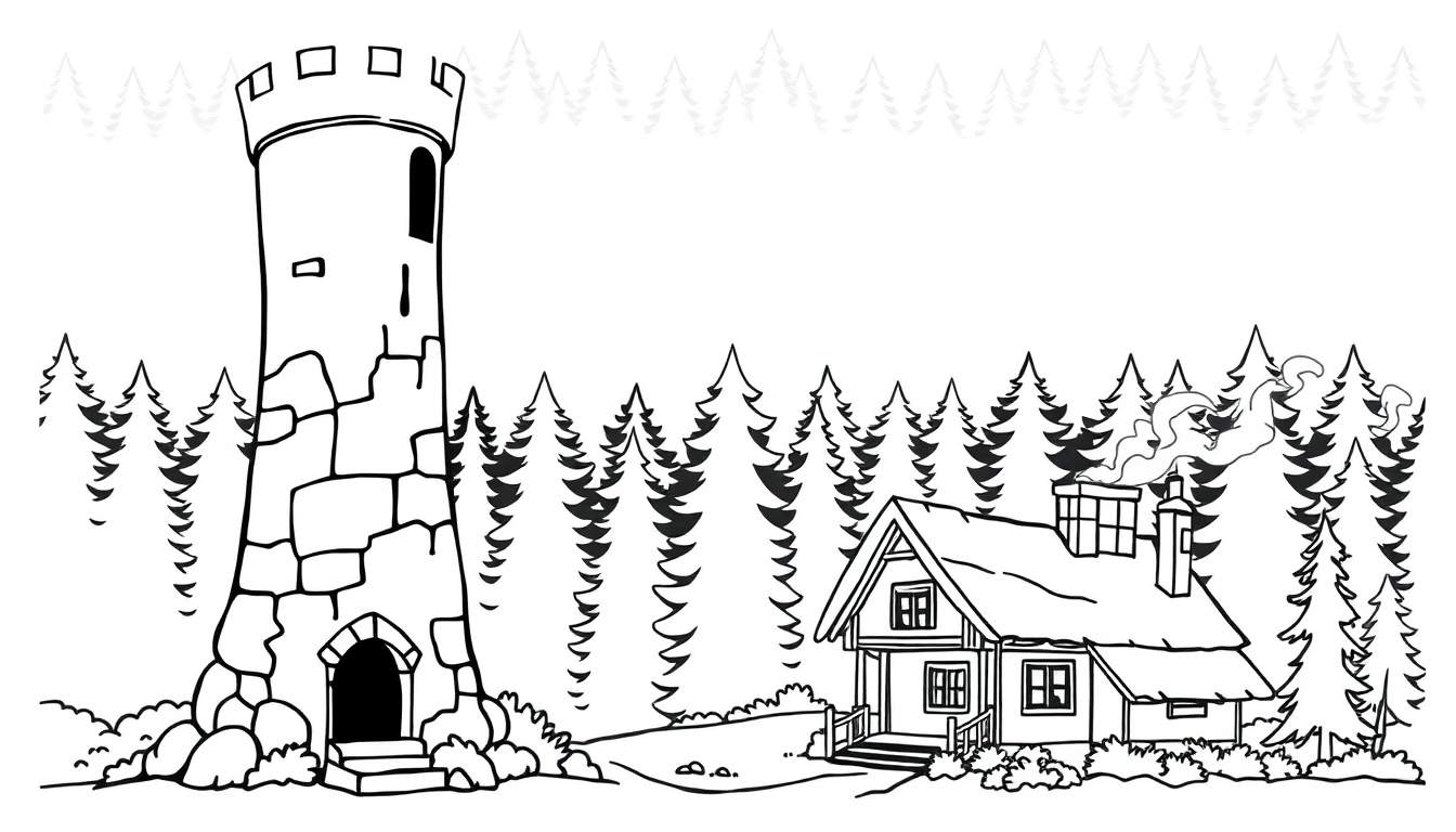 Desenho em preto e branco para colorir de uma paisagem com uma torre de pedra com ameias à esquerda e uma cabana com chaminé fumegante à direita, rodeadas por uma floresta de pinheiros ao fundo. Ideal para crianças e atividades de arte.