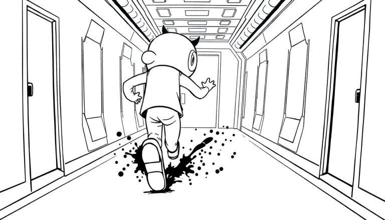 Desenho a preto e branco de um personagem com chifres e jaleco a correr num corredor com portas alinhadas, com um rasto de líquido derramado.