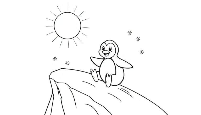 Página para colorir de um pinguim sorridente sentado numa colina de neve com sol e flocos de neve.