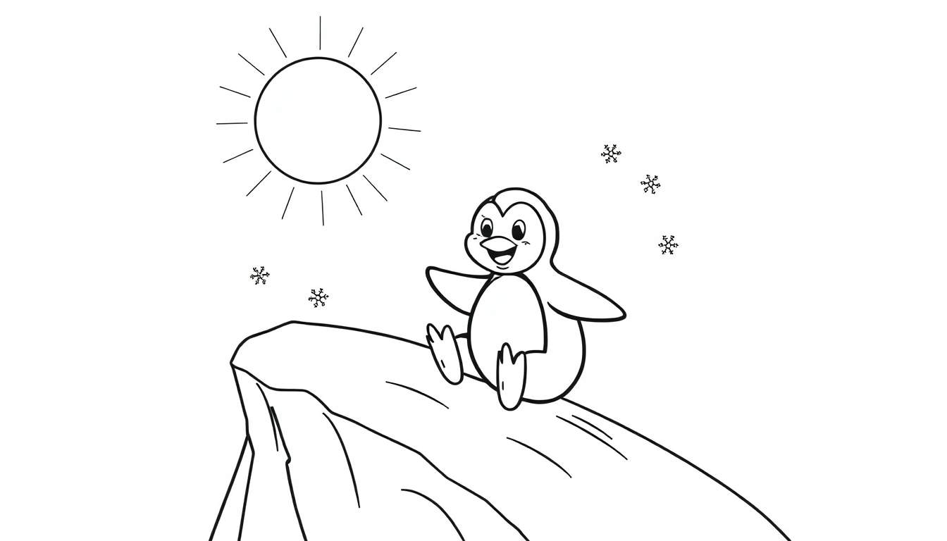 Página para colorir de um pinguim sorridente sentado numa colina de neve com sol e flocos de neve.
