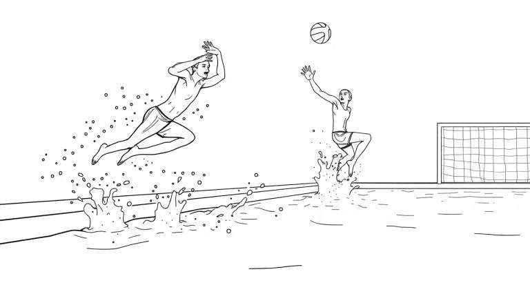 Página para colorir de dois jovens a jogar polo aquático, com um a saltar para lançar a bola e outro a tentar defender, rodeados de respingos de água.