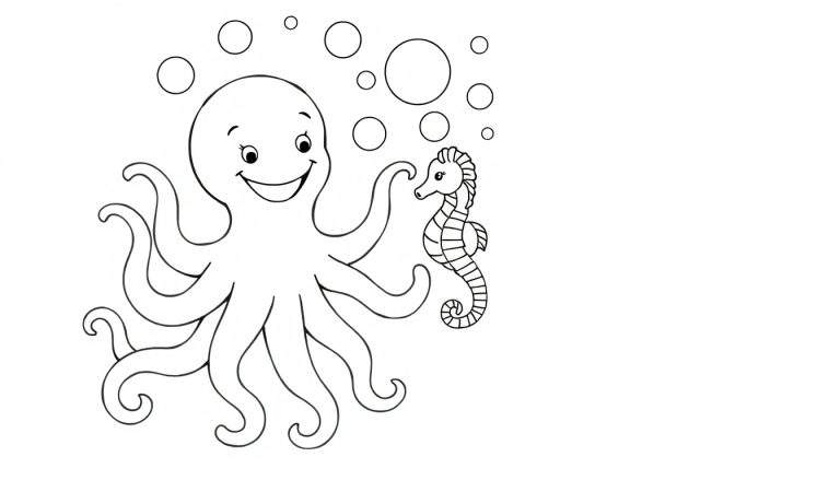 Página para colorir de um polvo e um cavalo-marinho cercados por bolhas no oceano.