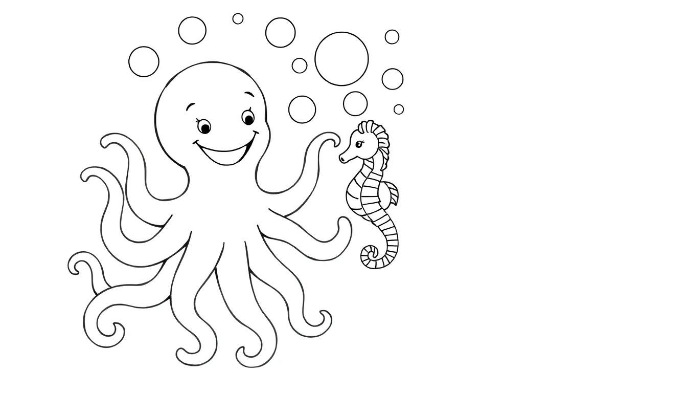 Página para colorir de um polvo e um cavalo-marinho cercados por bolhas no oceano.