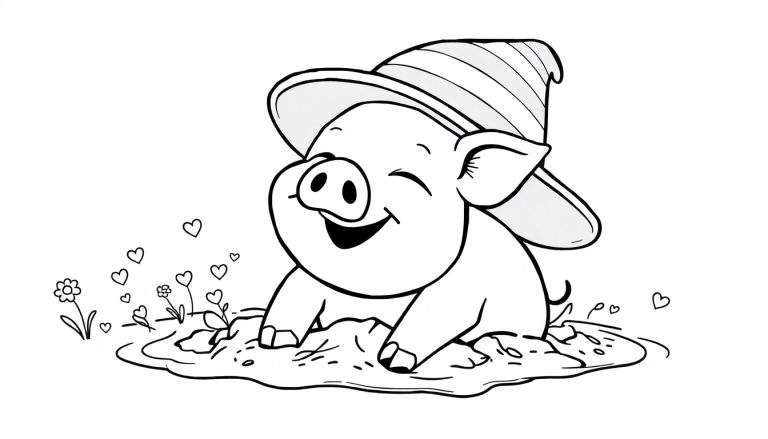Página para colorir de um porco feliz usando um chapéu listrado, sentado numa poça de lama com flores e corações a flutuar.