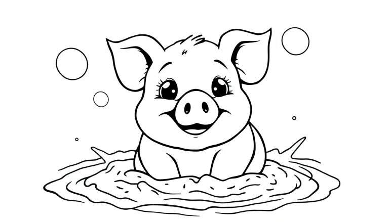 Página para colorir de um porquinho feliz com olhos grandes, a sorrir e a brincar na lama com bolhas de água à volta.