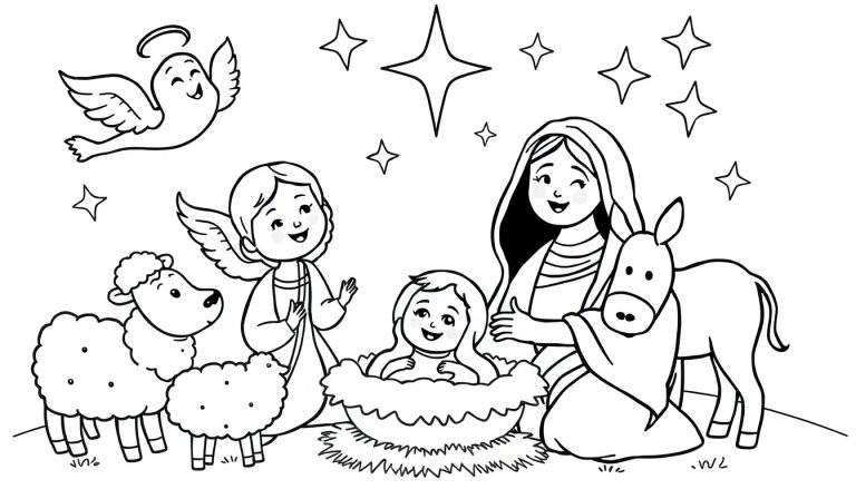 Desenho infantil de um presépio com Maria, Bebê Jesus, anjos, ovelhas e um burro, pronto para colorir.