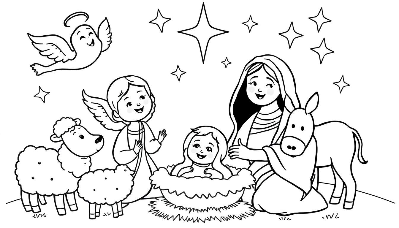Desenho infantil de um presépio com Maria, Bebê Jesus, anjos, ovelhas e um burro, pronto para colorir.