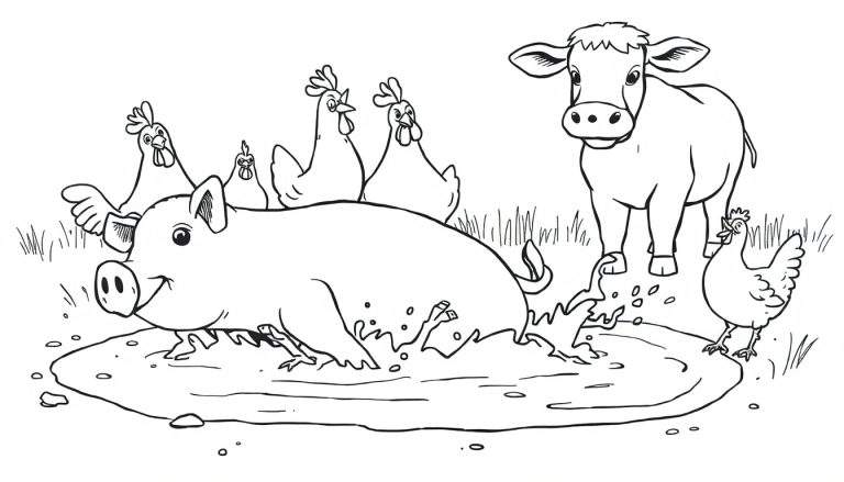 Página para colorir de uma quinta com um porco a brincar na lama, galinhas e uma vaca