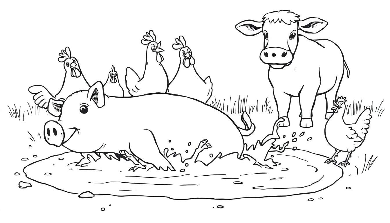 Página para colorir de uma quinta com um porco a brincar na lama, galinhas e uma vaca