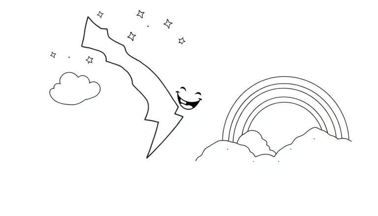 Desenho para colorir de um raio com uma cara sorridente a cair do céu, com estrelas e uma nuvem. Um arco-íris sai de nuvens à direita.